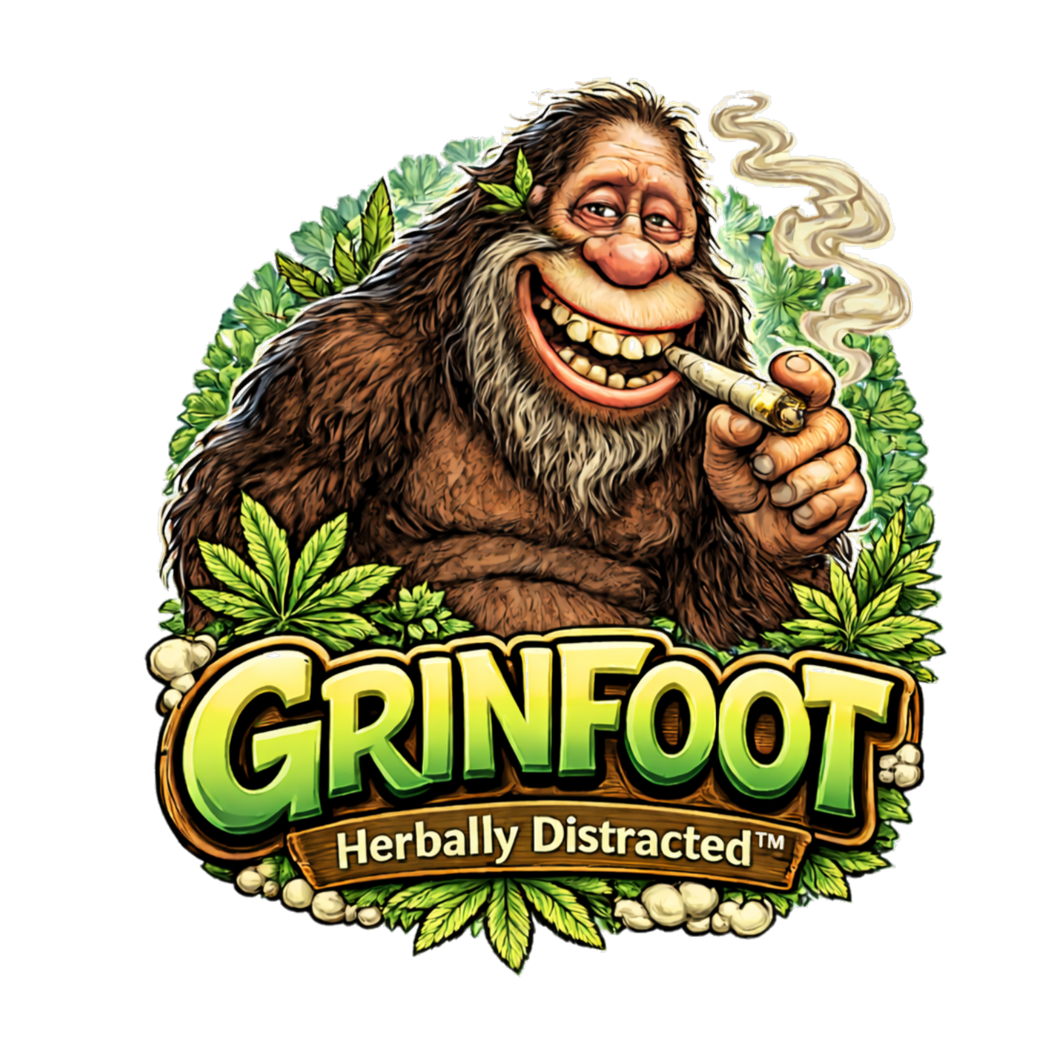 Grinfoot™ Bigfoot mascot for Herbally Distracted™ with green leaf background and smoke detail