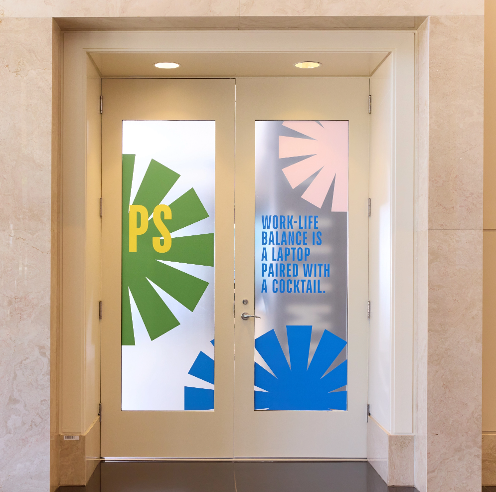 cafe window design with branding mark and semi-transparent window