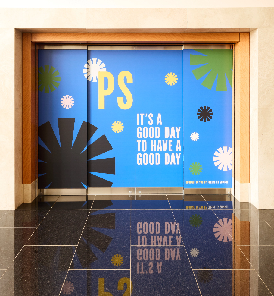 marketing office window design with blue background and campaign related copy