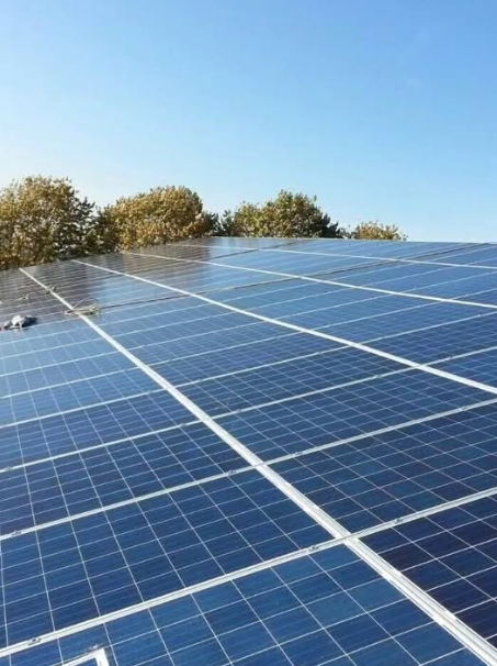 Photovoltaic solar panels installed on a roof, with clear blue sky and trees in the background.