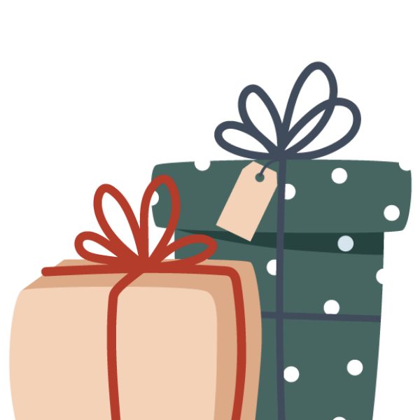 Stacked wrapped gift boxes with bows and tags, one in beige with a red ribbon and the other in dark green with white polka dots and a navy ribbon.