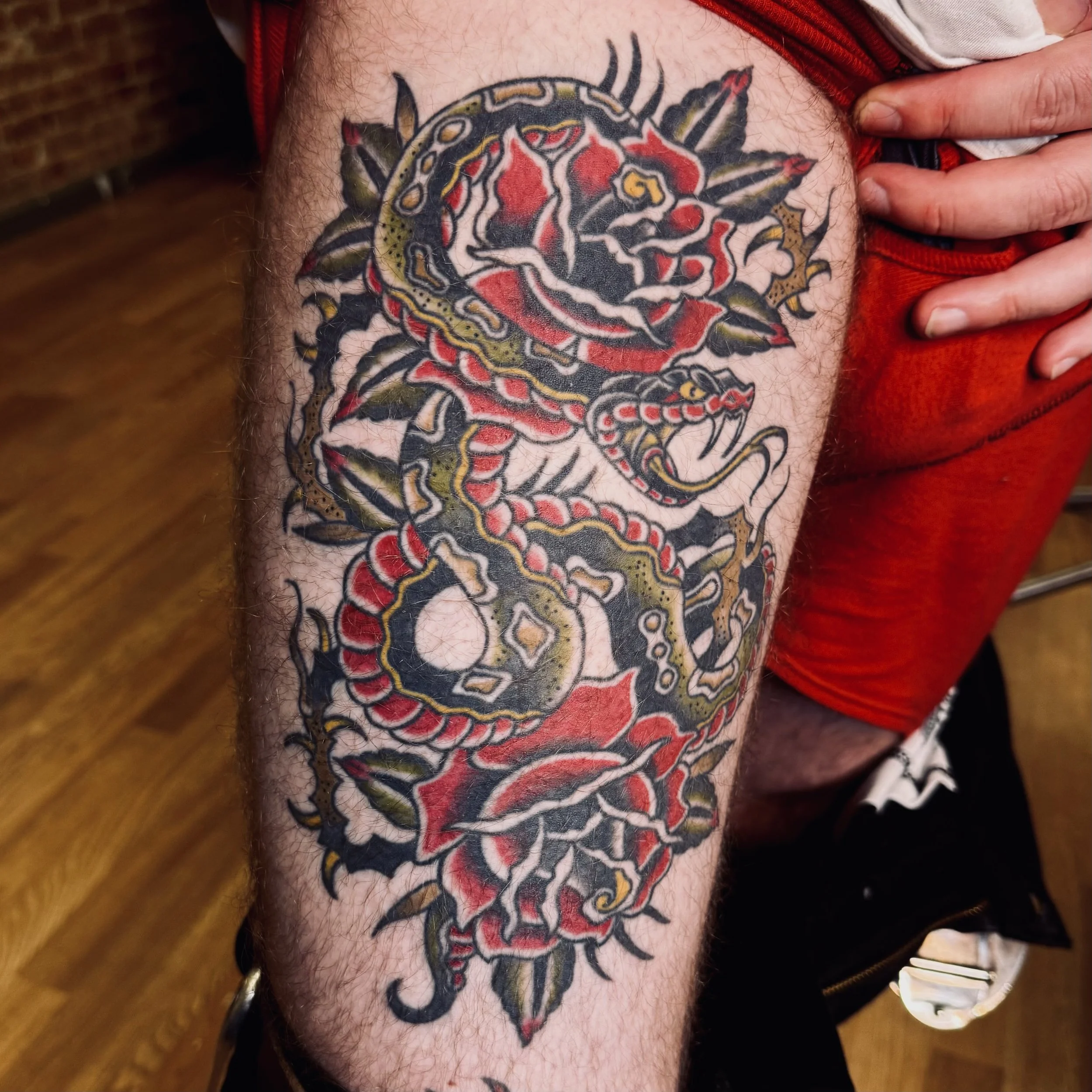 Large Traditional Rose and Snake Tattoo