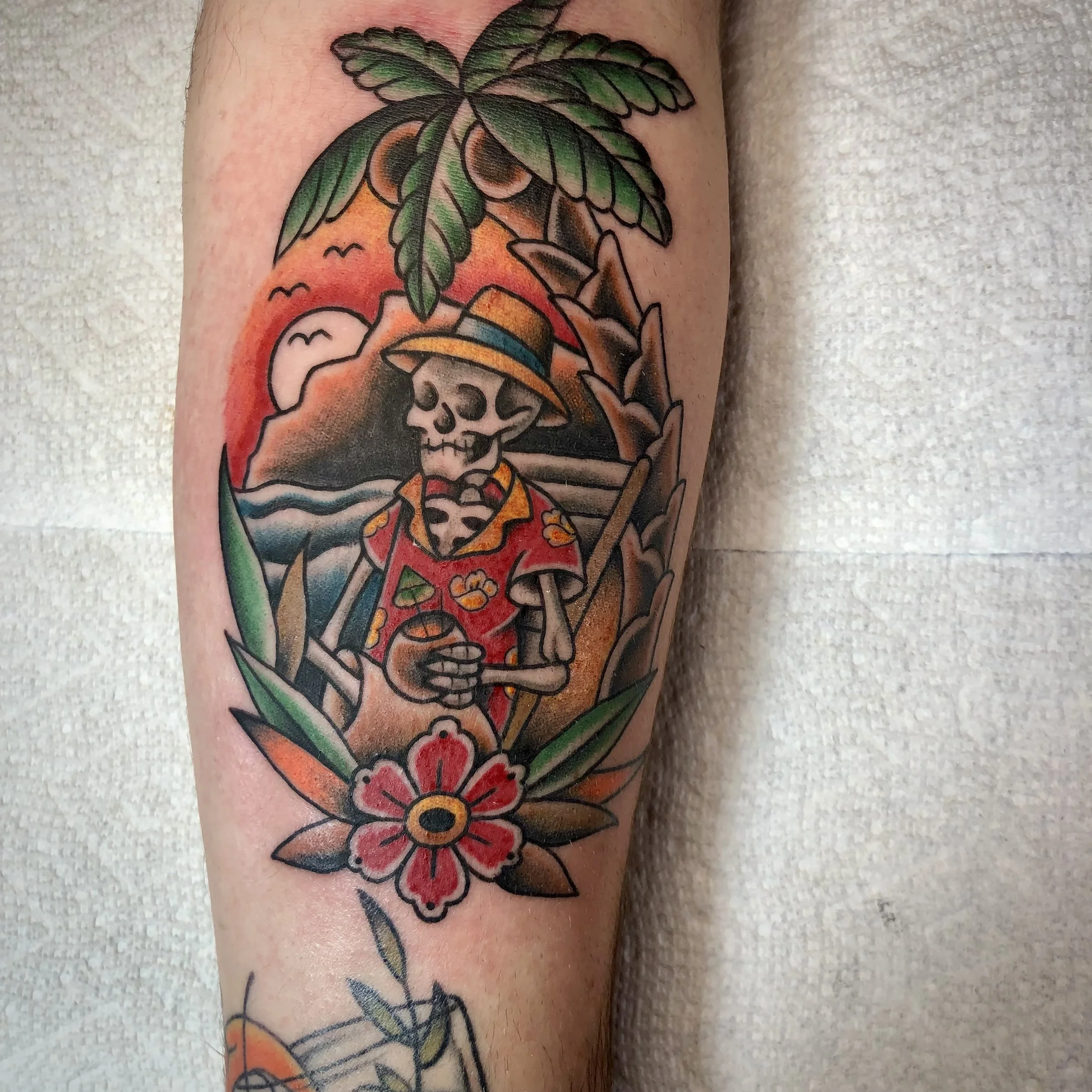 Traditional Chill Guy Tiki Tattoo in Paradise