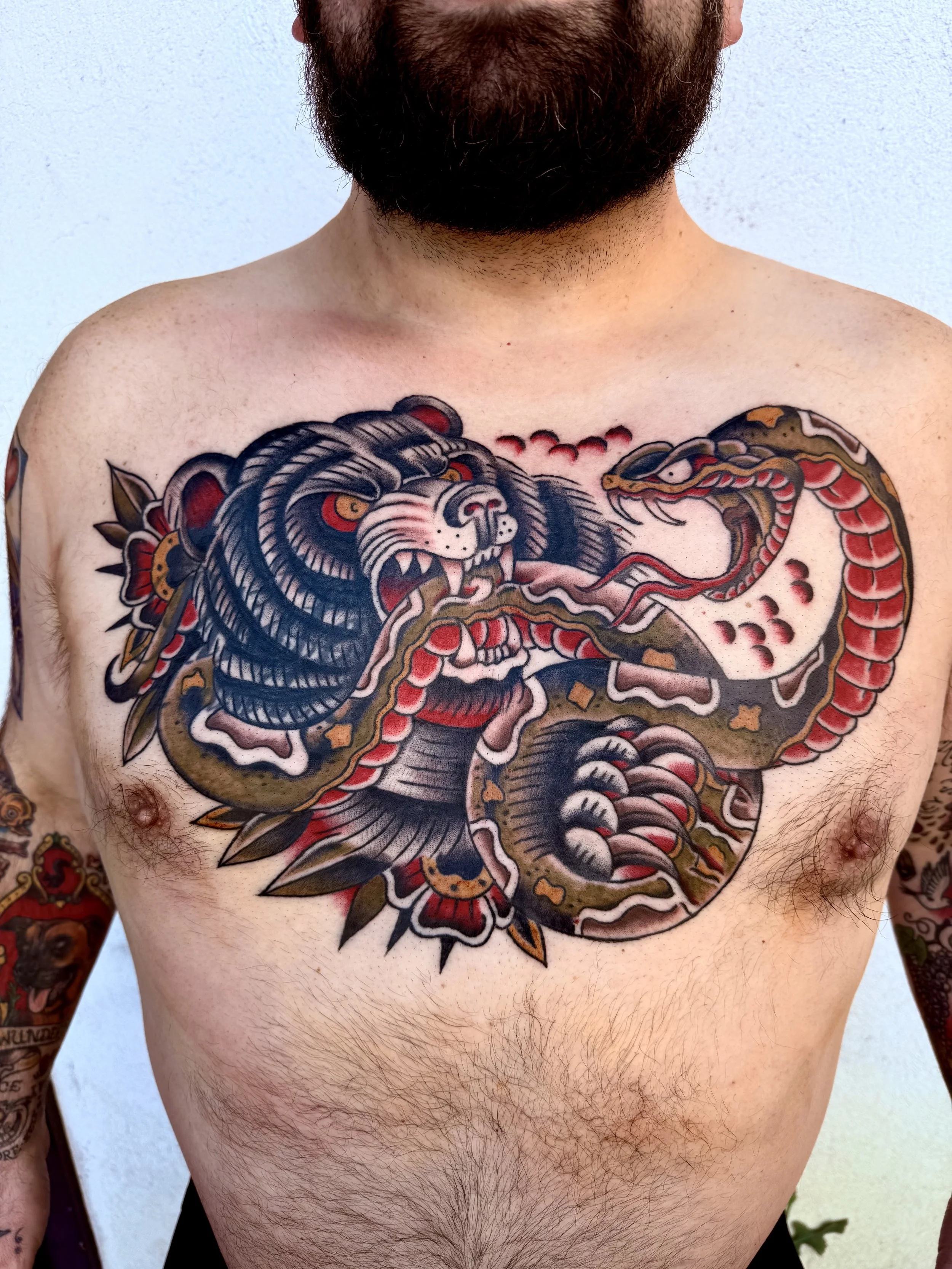 Traditional Bear and Snake Chest Piece, Tattoo by Stone Smith
