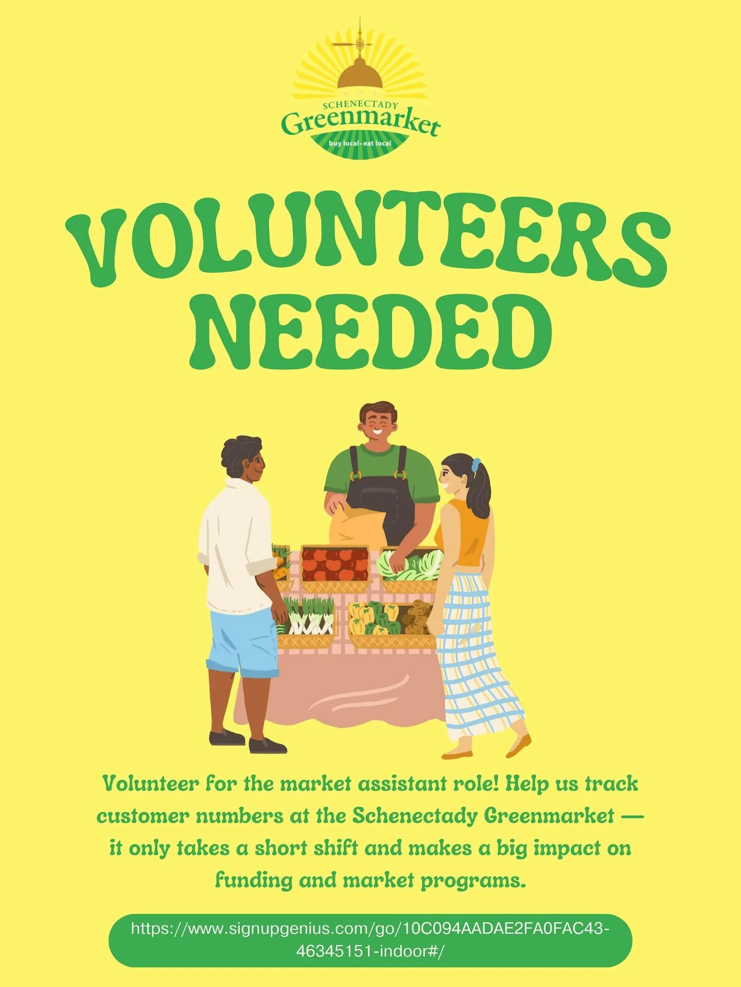 🌱 We&rsquo;re looking for volunteers for Market Assistant!
Help us with clicker counting at the Schenectady Greenmarket &mdash; a quick, simple task that makes a big impact.

A few details about the role:
&bull; On the sign-up sheet, the job is list