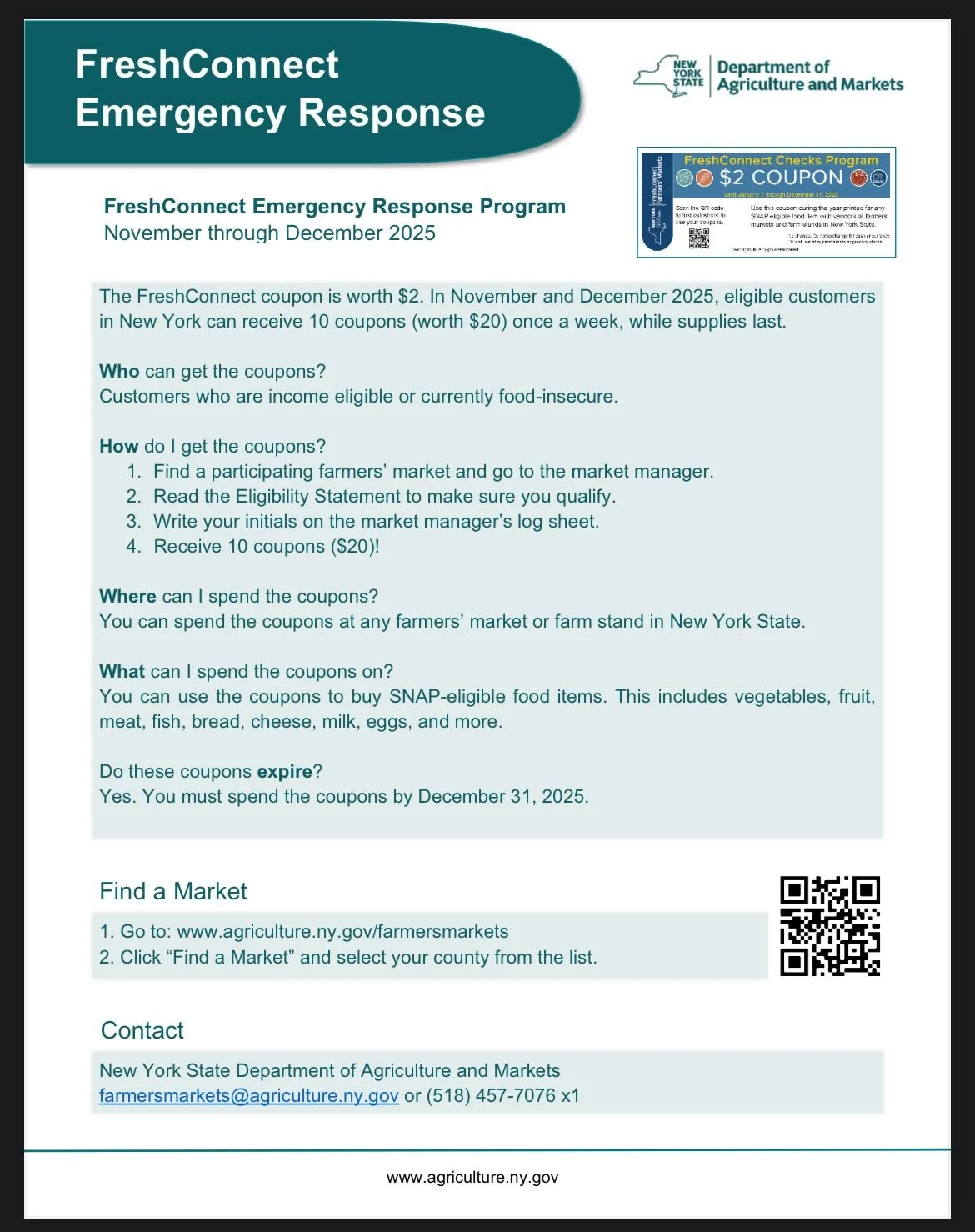 If you&rsquo;re struggling to afford groceries or if you self-identify as low-moderate income or food insecure, the Schenectady Greenmarket can help! 
We are participating in New York State&rsquo;s Emergency Response FreshConnect Program, which means