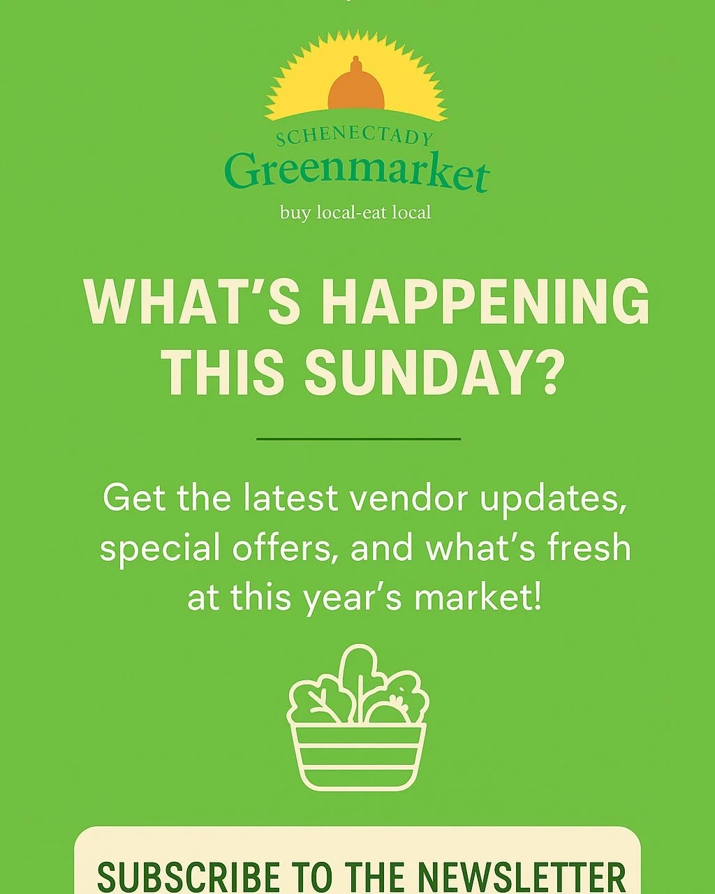 Your Sunday Market, Delivered to Your Inbox 💚
Get the latest market news, community stories, seasonal tips, and vendor spotlights &mdash; all in our weekly newsletter.
Tap the link in our bio to sign up and stay connected to your local food communit