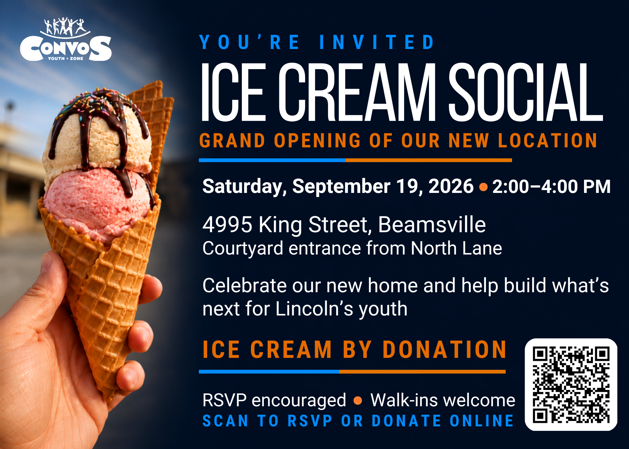 Ice Cream Social and grand opening at Convos Youth Zone, September 19, 2026, from 2:00 to 4:00 PM at 4995 King Street in Beamsville. Courtyard entrance from North Lane.
