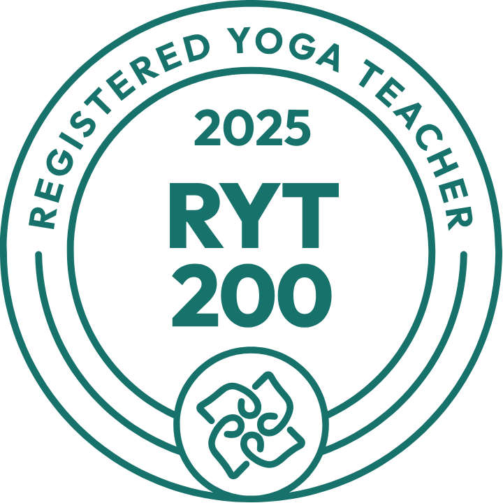 Emblem for registered yoga teacher (RYT 200) certification in 2025, featuring circular design with text and a stylized lotus flower at the bottom.