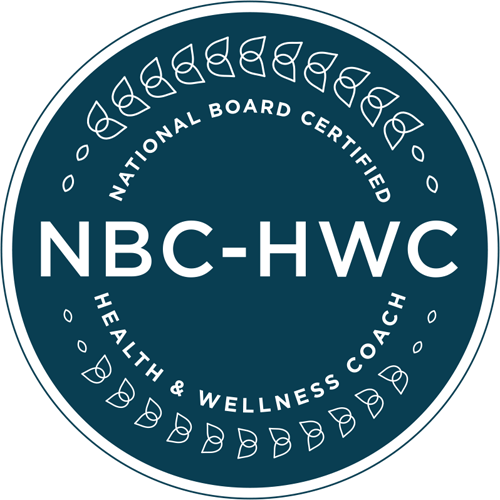 Seal for NBC-HWC, a national board certified health and wellness coach program, with decorative leaves around the border.