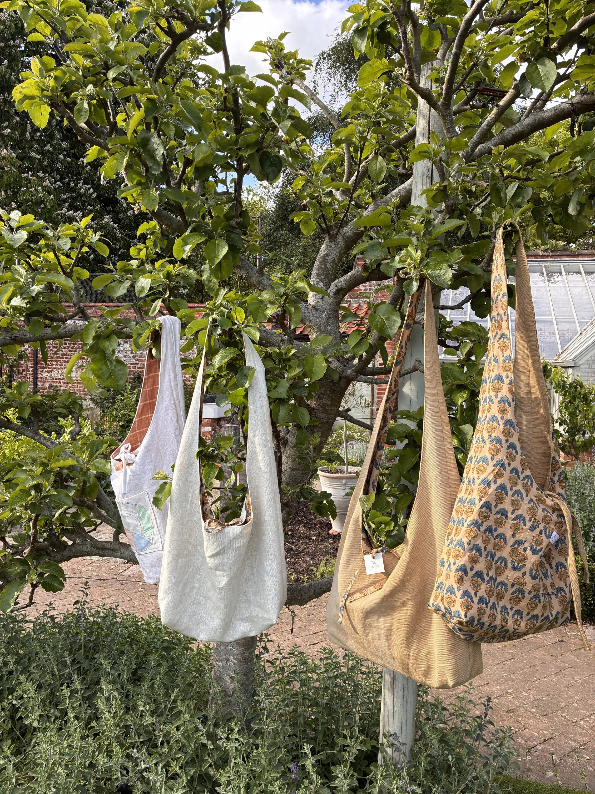 A tree with four fabric bags hanging from its branches in a garden setting, with a brick path and a greenhouse in the background.