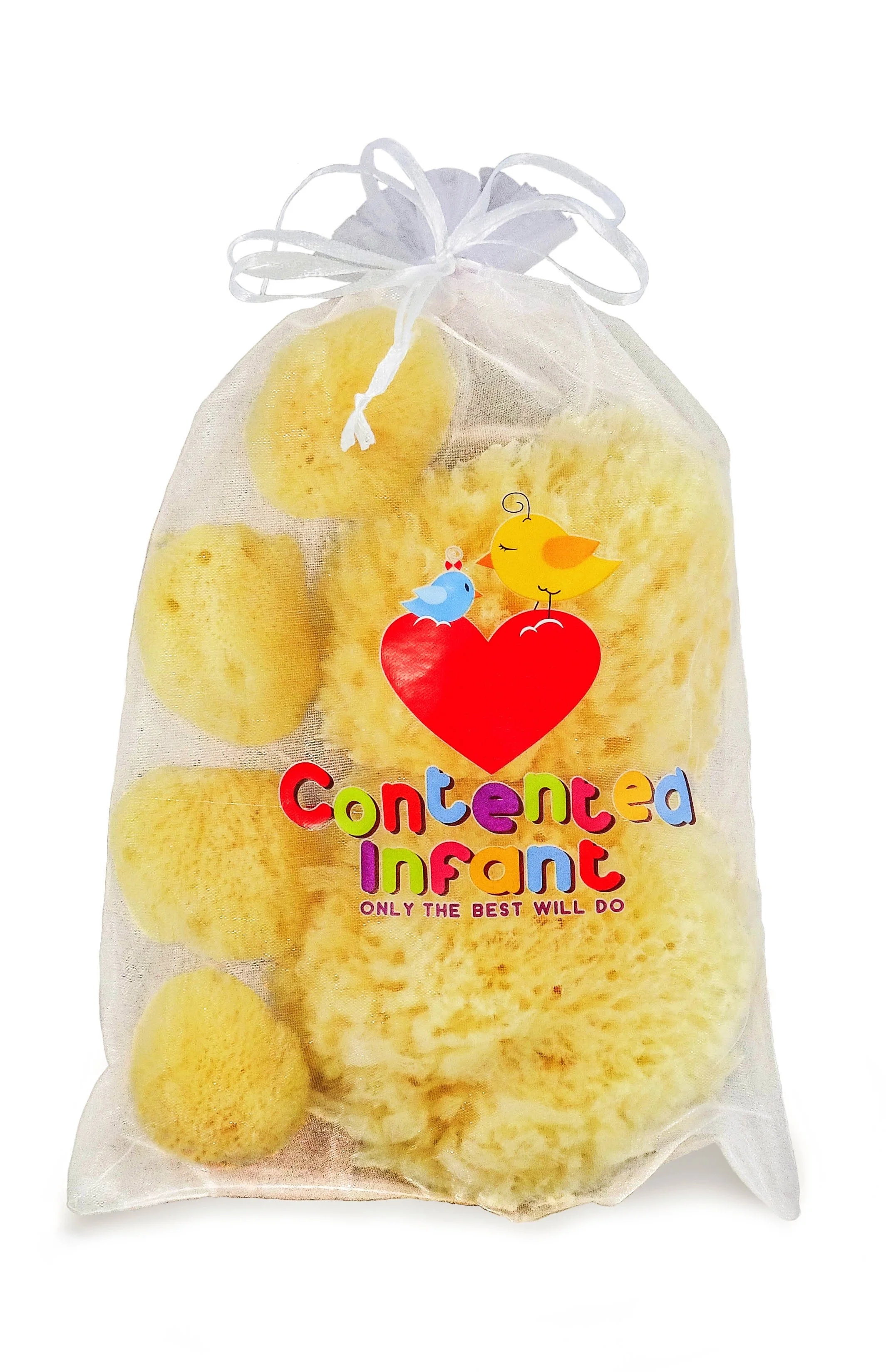 A package of yellow natural sea bath sponges with a label featuring colorful text and illustrations of two birds on a red heart, with the words "Contented Infant" and "Only the best will do".