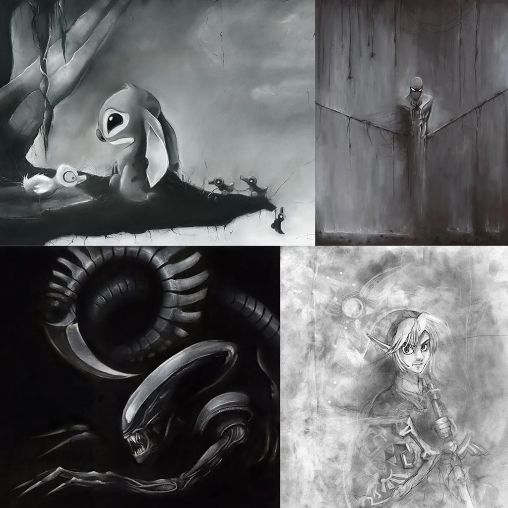 A collage of four grayscale concept art drawings. Top left features a small creature with large ears and a duck-like companion on a branch. Top right shows a humanoid figure with a mask or robotic face, emerging from a dark wall with cracks. Bottom left depicts a monstrous, alien-like creature with tubes and a menacing posture. Bottom right is a fantasy character, a girl with pointed hat and a sword, in an animated, sketch-style illustration.