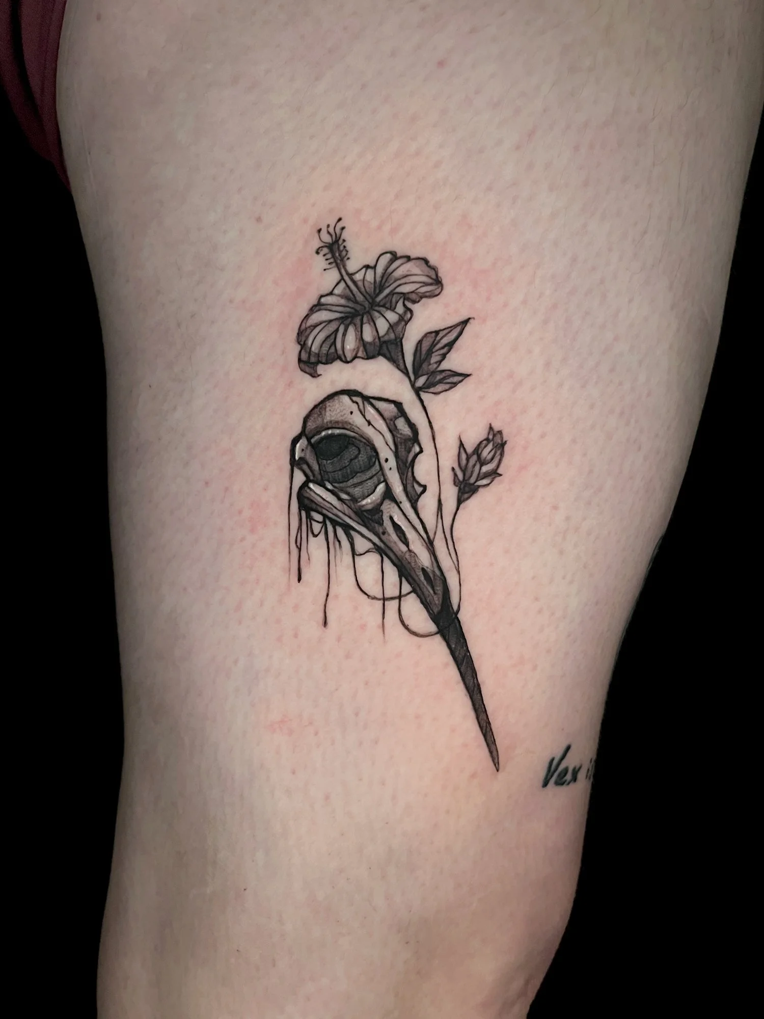 Black and gray tattoo of a bird skull with a floral arrangement, including a blooming flower and a smaller bud, on light skin.