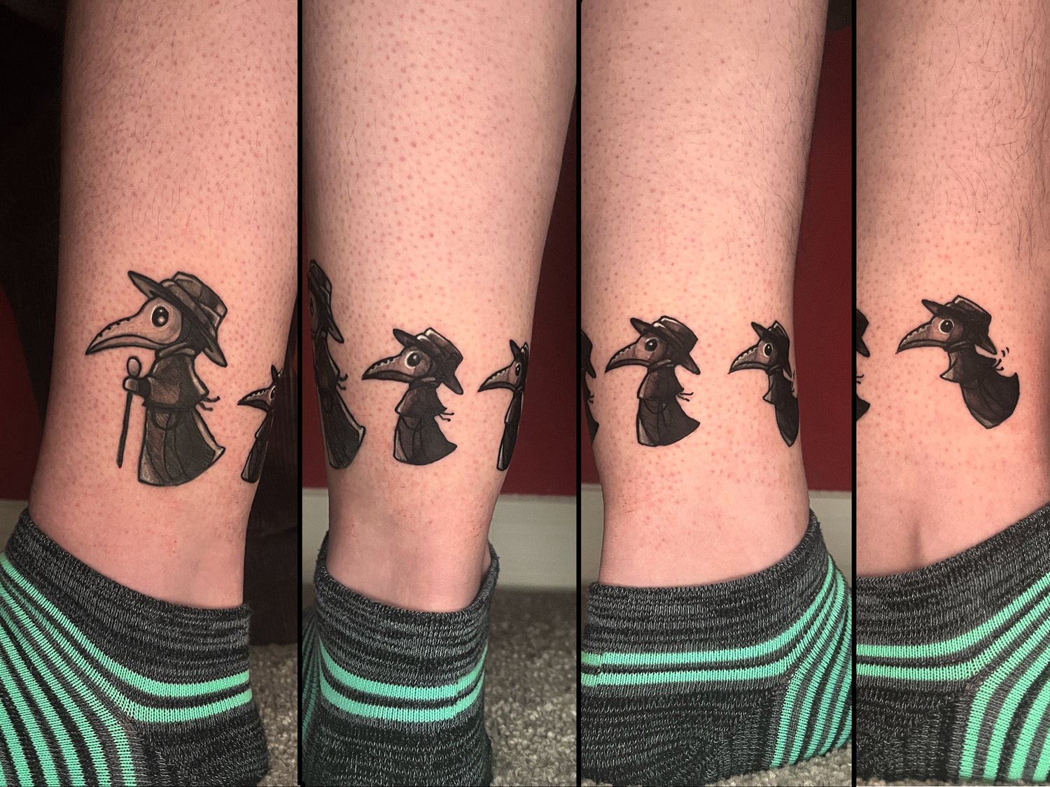 Tattoo of a plague doctor wearing a large hat and mask, carrying a cane, on a person's ankle.