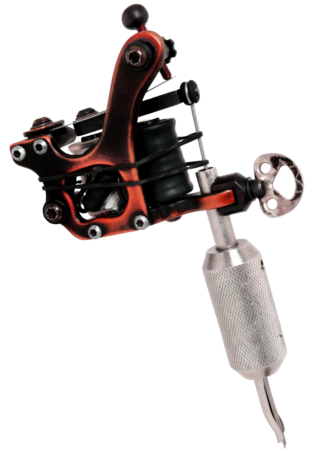 Close-up of a tattoo machine with a metallic grip and orange accents.