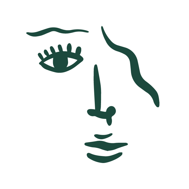 Line drawing of a human face with stylized features, including one eye with eyelashes, a nose, and lips.