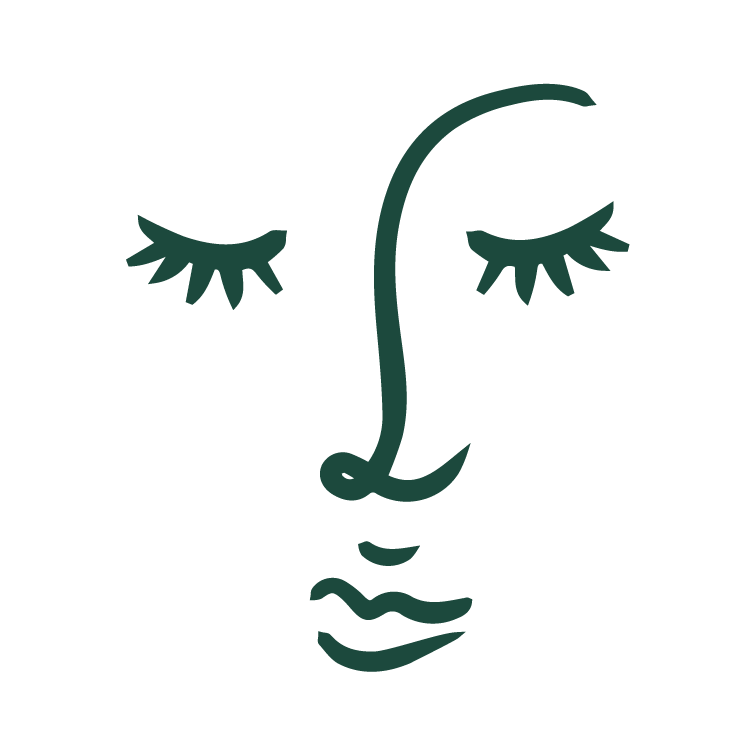 Minimalist line drawing of a face with closed eyes, a curved nose, and lips, in a simple, abstract style.