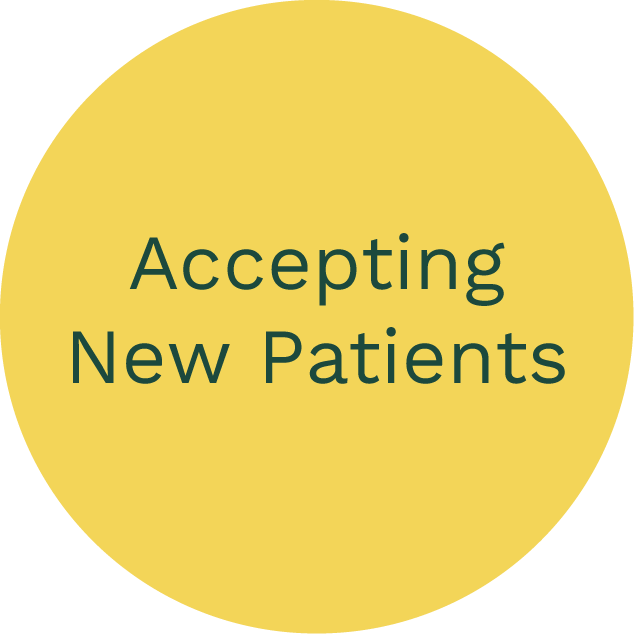 Yellow circular badge with the text 'Accepting New Patients' in green letters.