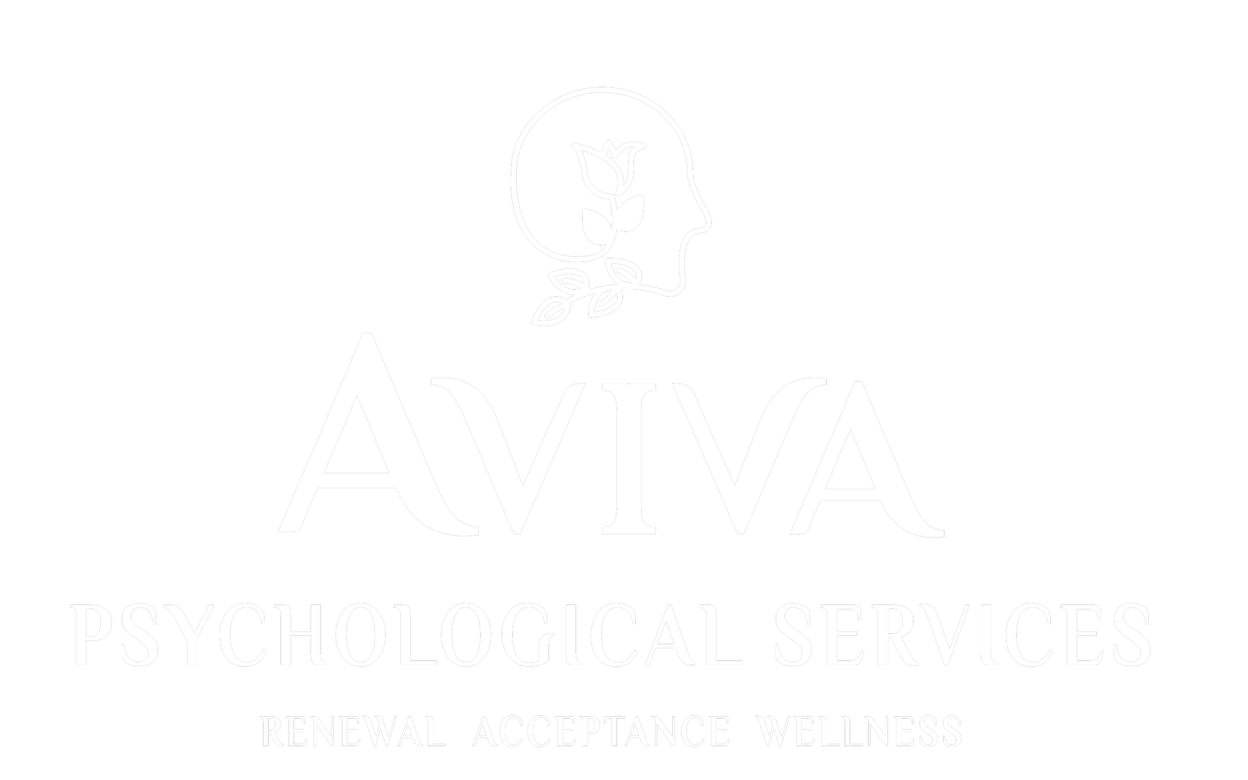 Logo for AVIVA Psychological Services with a stylized human head outline, a flower inside, and the words 'AVIVA Psychological Services' with the tagline 'Renewal Acceptance Wellness'.