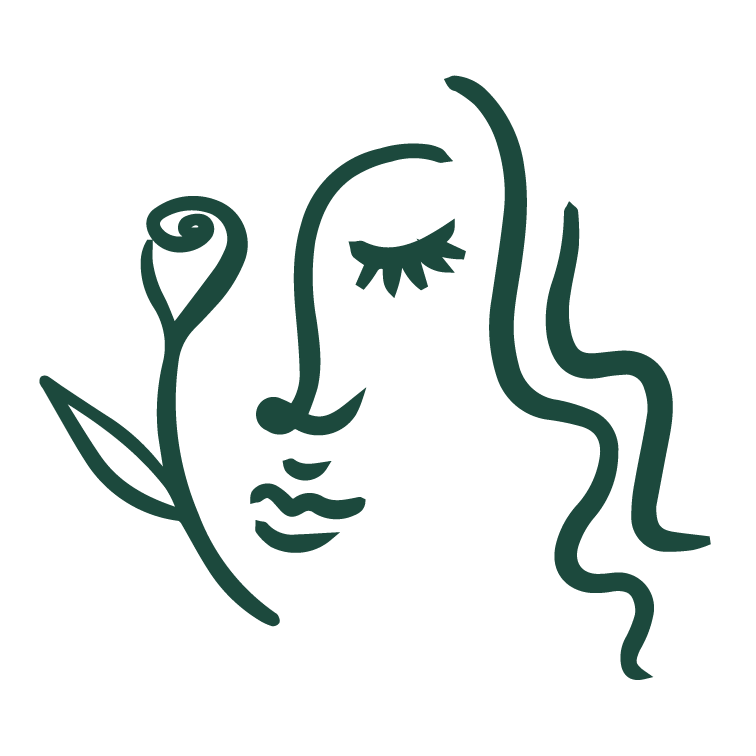 Abstract line drawing of a woman's face with closed eyes and flowing hair, holding a flower.
