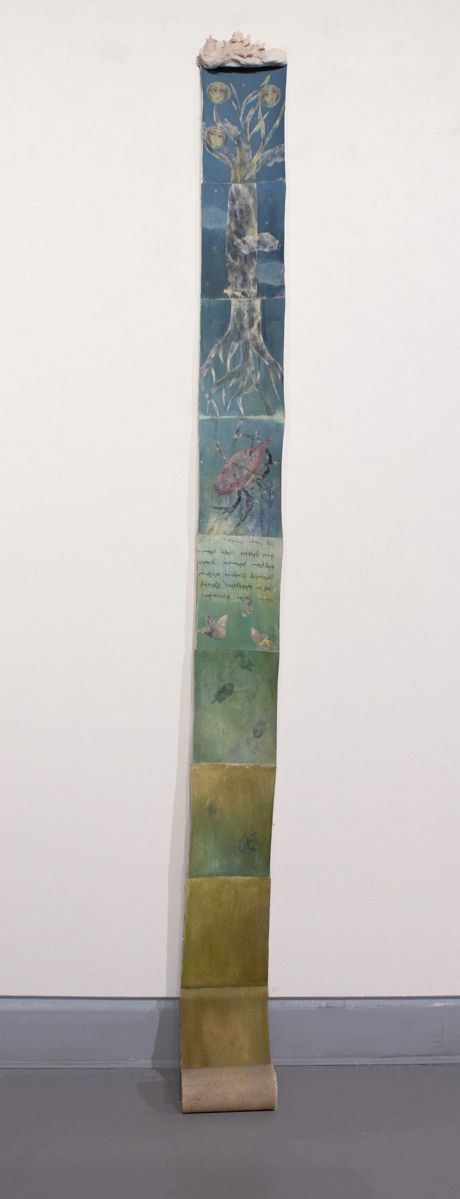 Scroll of Life, acrylic, graphite, and transfers on canvas, 112 x 6 inches