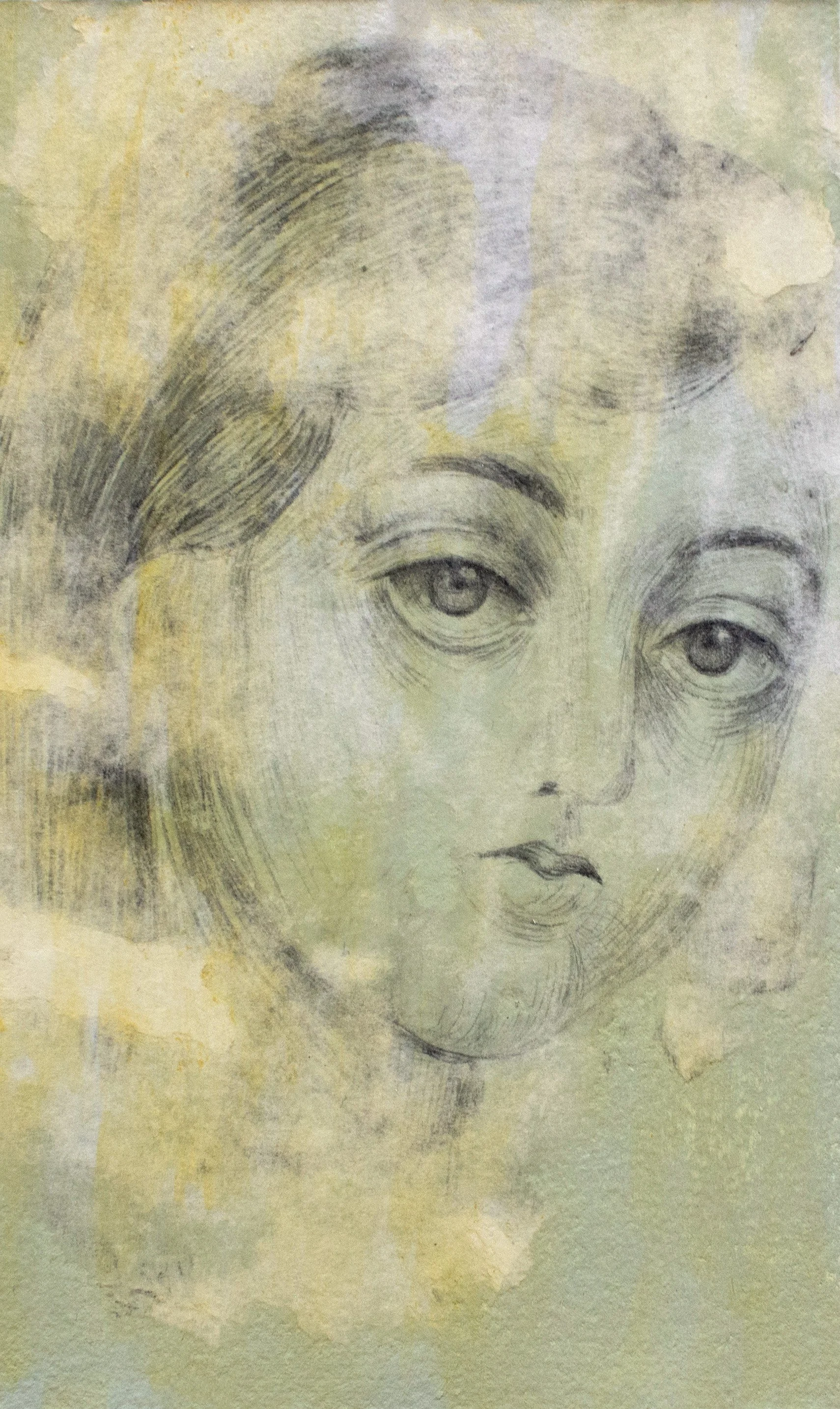 In Memory 2, acrylic, graphite, and transfers on paper, mounted on panel, 8 x 6 inches, 2025