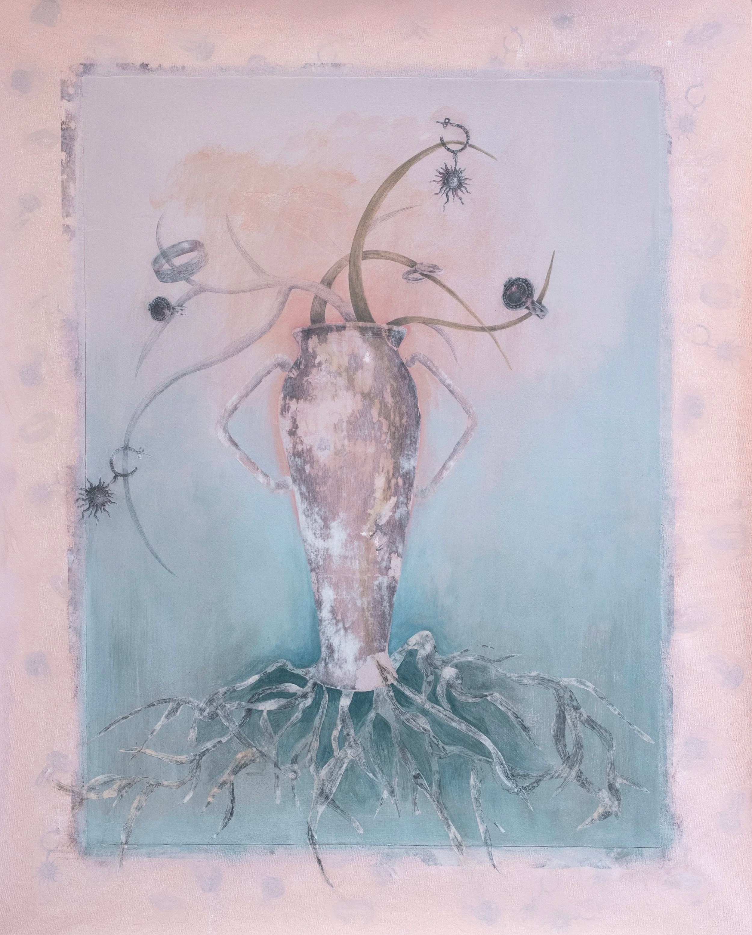 The Vase Remembers Living, acrylic, graphite, and transfers on paper mounted on canvas, 42 x 33 inches, 2025
