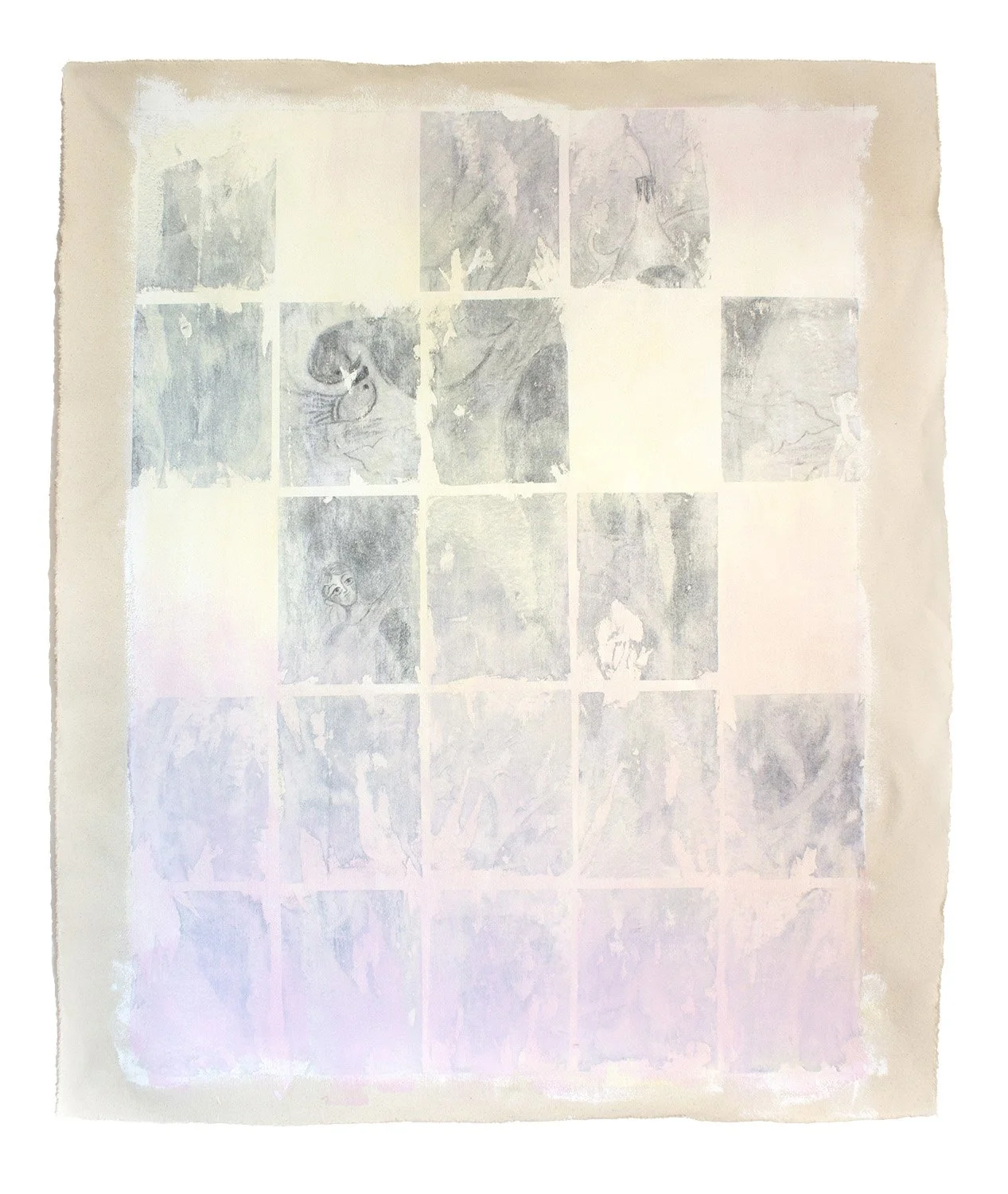 In a Haze, acrylic, graphite, and transfers on canvas, 30 x 40 inches, 2025