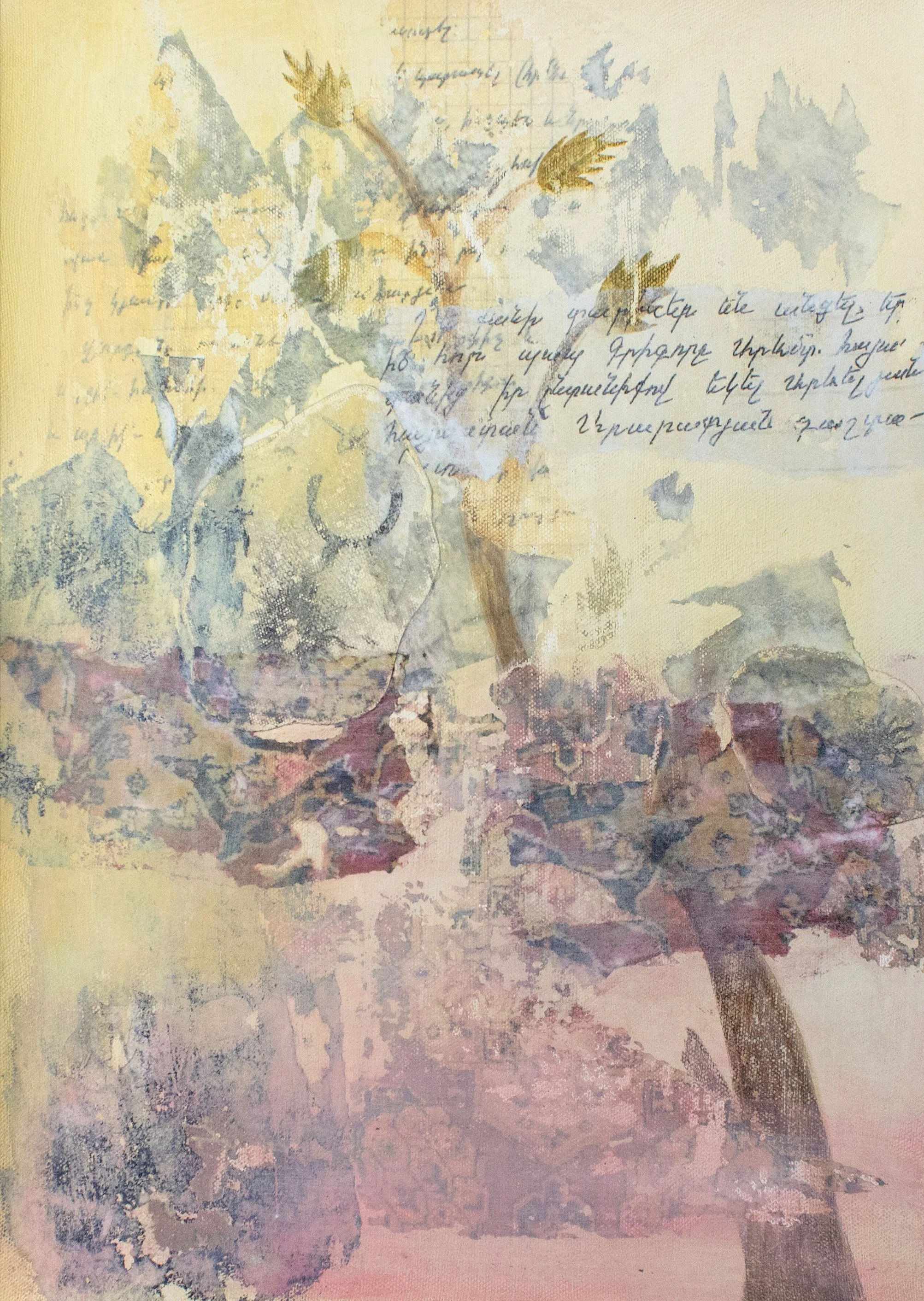Palimpsest, acrylic, and transfers on canvas
16 x 12 inches, 2025