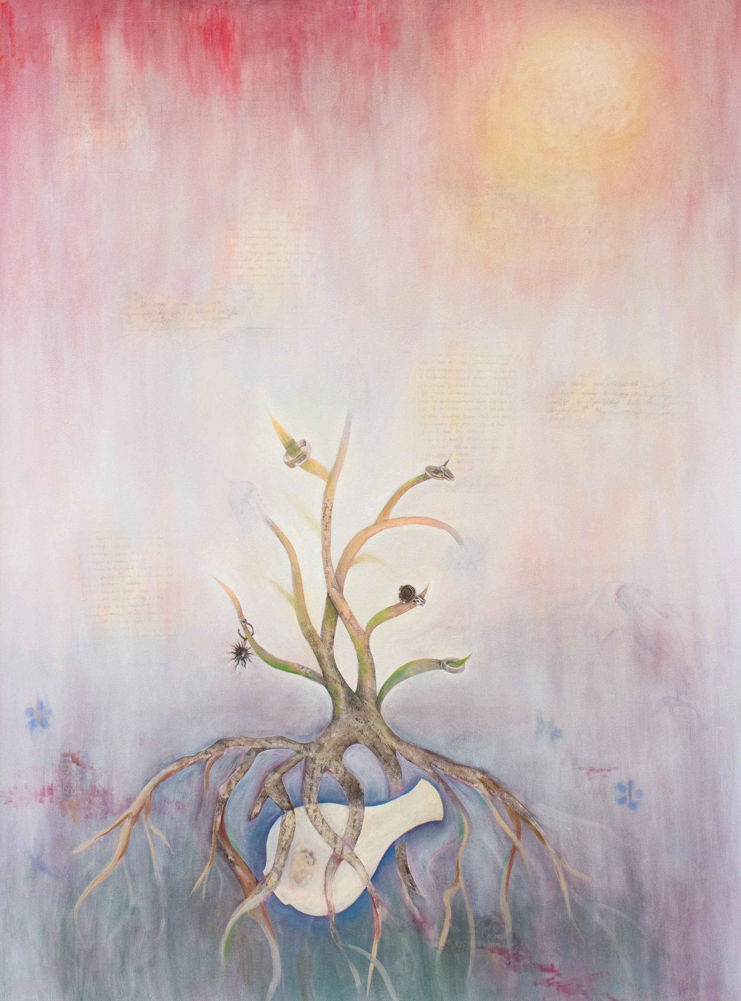   Lingering with Hope , oil, acrylic, and transfers on canvas, 56 x 42 inches, 2026 Buried in haste during the flight from genocide, this vase was once hidden for survival. Now, it is held by the earth in a different way. Tree roots intertwine around