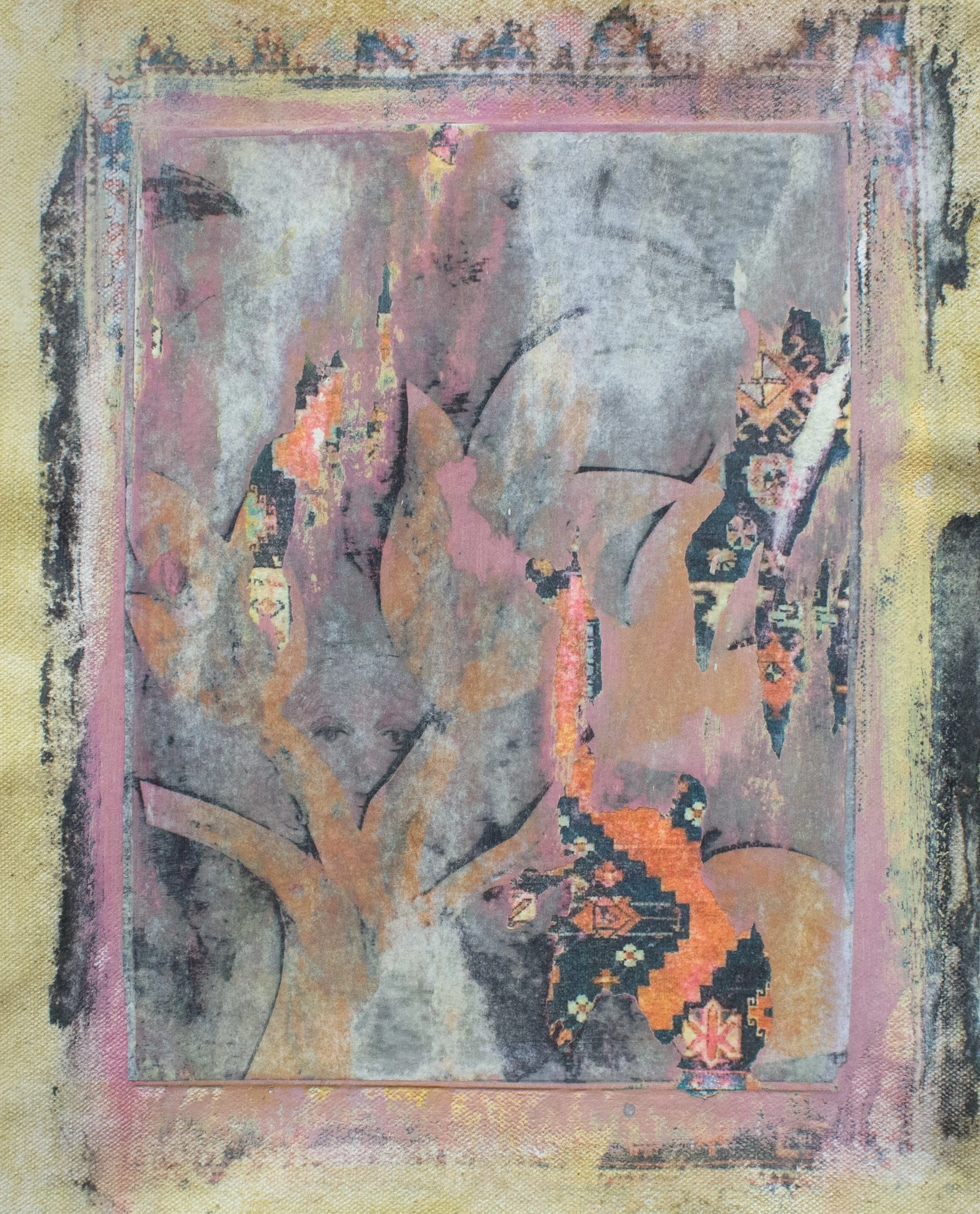 Where Memory Settles, acrylic, and transfers on canvas, 8 x 6 inches, 2025