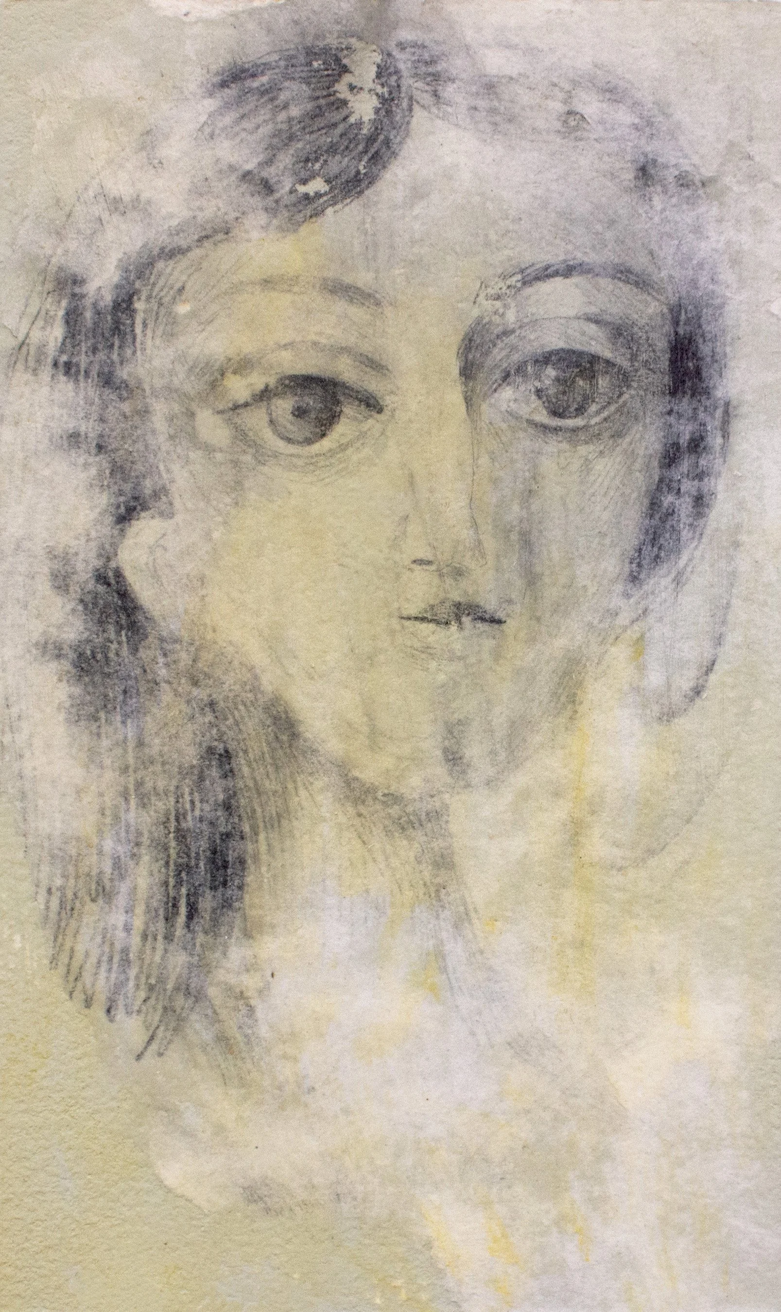 In Memory 1, acrylic, graphite, and transfers on paper, mounted on panel, 8 x 6 inches, 2025