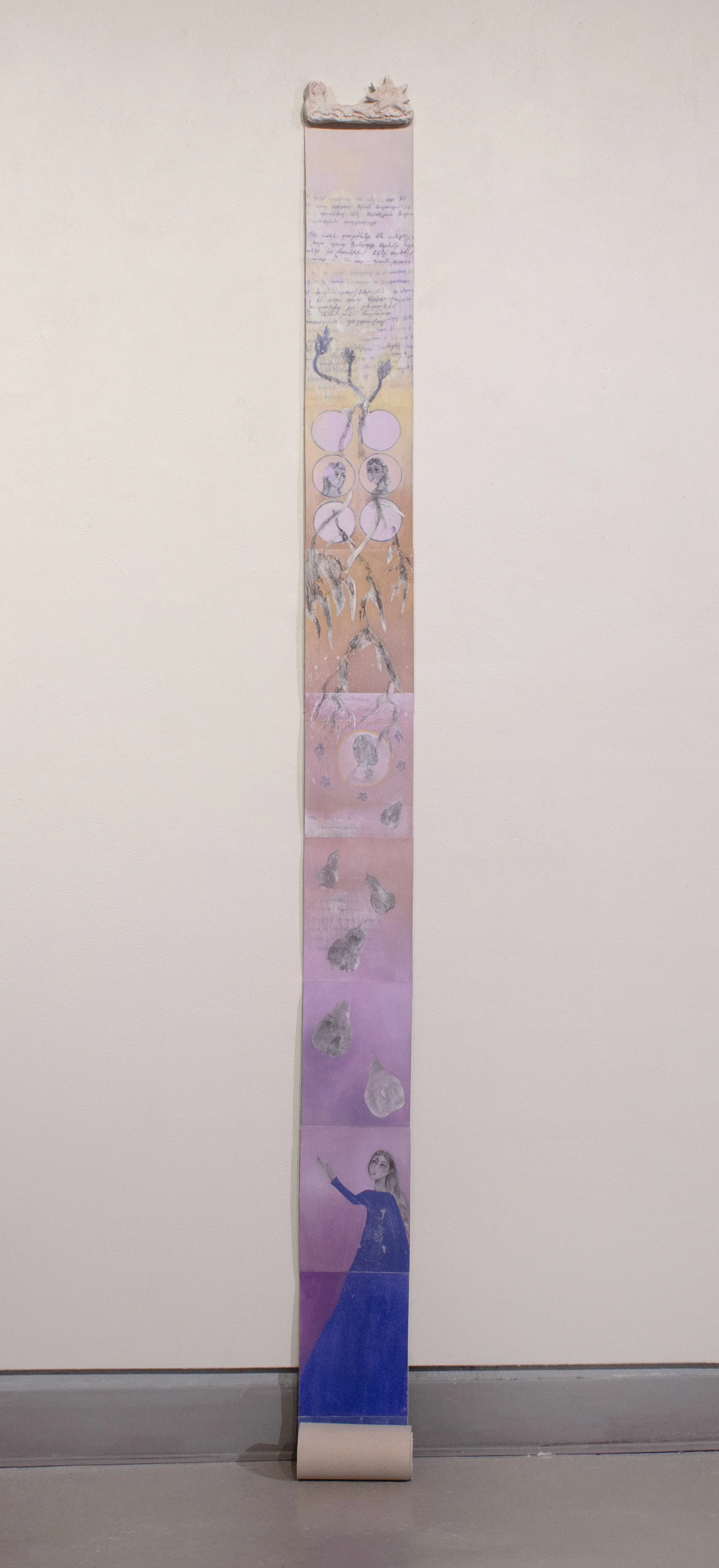 Pieces that Took Root, acrylic, graphite, and transfers on canvas, 112 x 6 inches, 2025