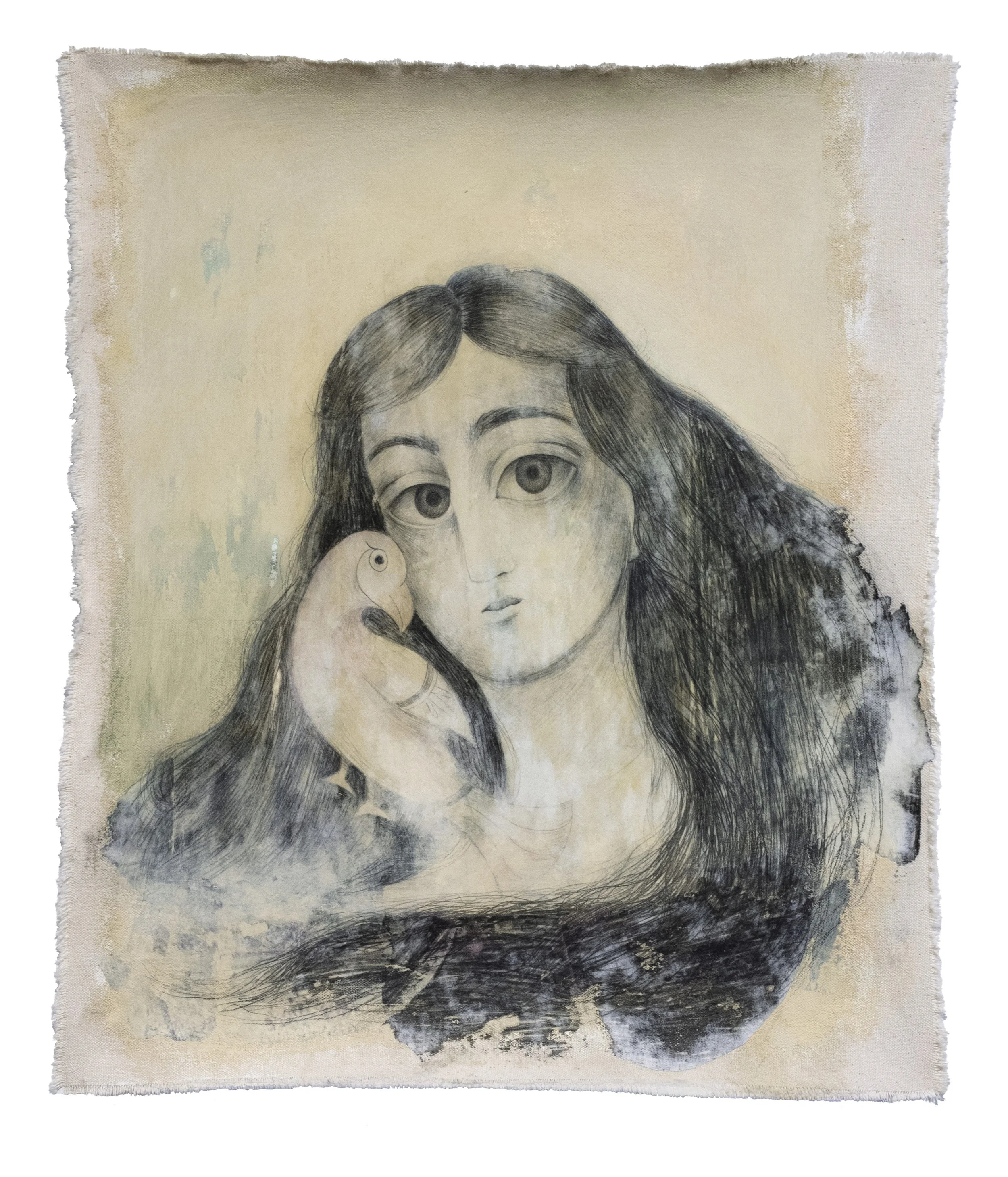 A Soft Weight Nests on Her Heart, acrylic, graphite, and transfers on canvas, 18 x 15 inches, 2025