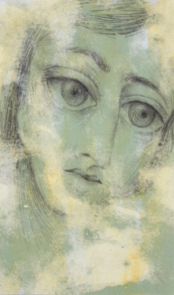 In Memory 3, acrylic, graphite, and transfers on paper, mounted on panel, 8 x 6 inches, 2025