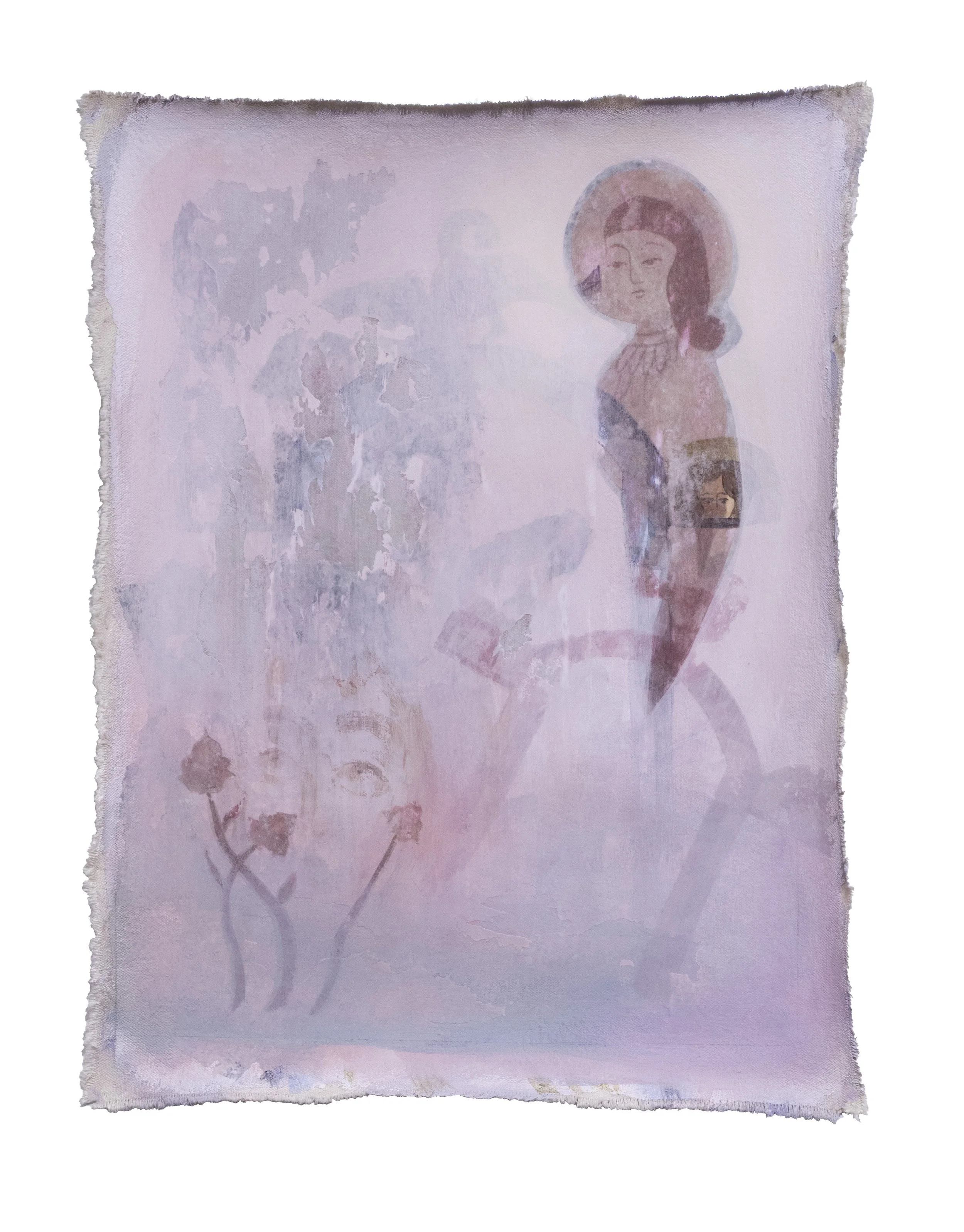 Illuminated Fragments, acrylic and transfers on canvas, 18 x 13 inches, 2025