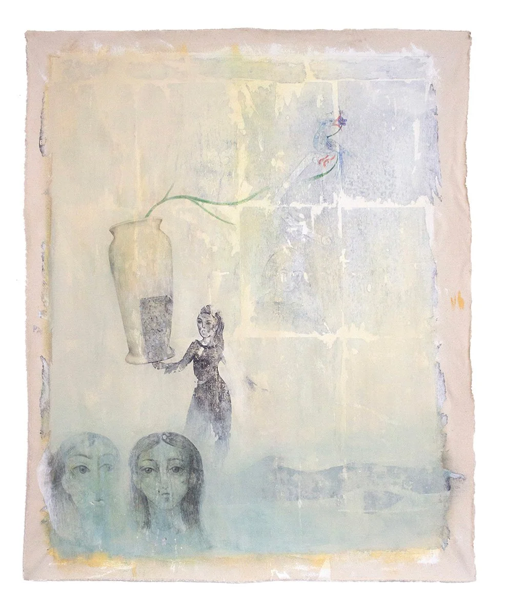 The Dreamers, acrylic, oil, colored pencil and, transfers on canvas, 35 x 44 inches, 2025