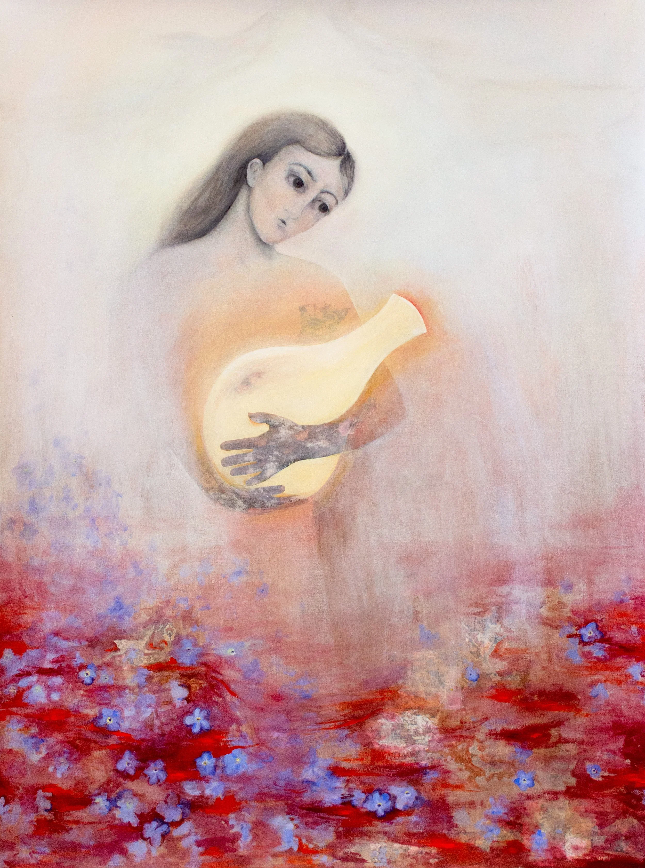   The Stars Only Know of the Moon's Cast Light , oil, acrylic, and transfers on canvas, 54 x 40 inches, 2026 Holding one’s culture can be an intimate act, especially when navigating a sense of distance. Here, an Armenian rug pattern begins to take ov