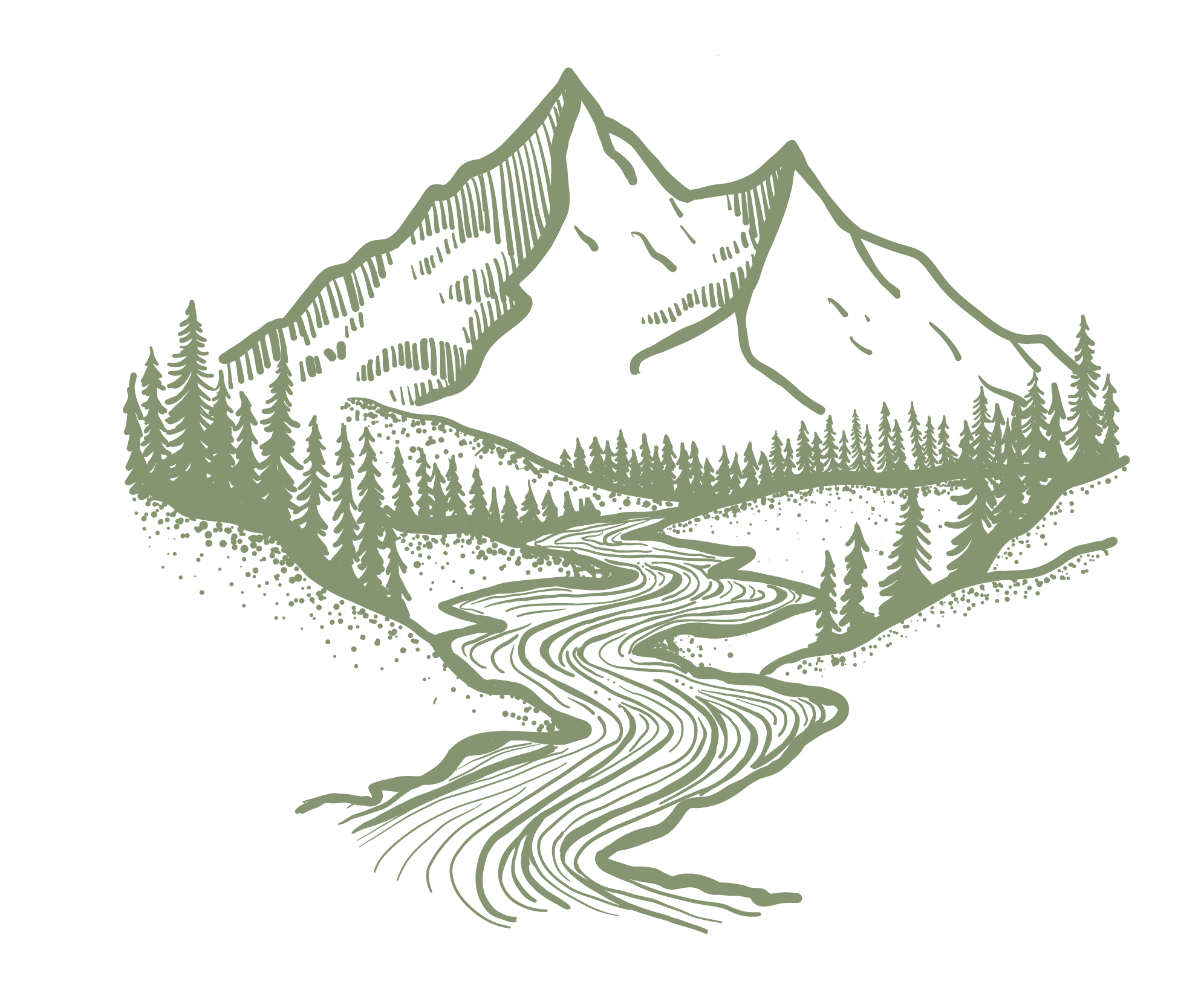 Line art illustration of mountains, evergreen trees, and a winding river, on a black background.