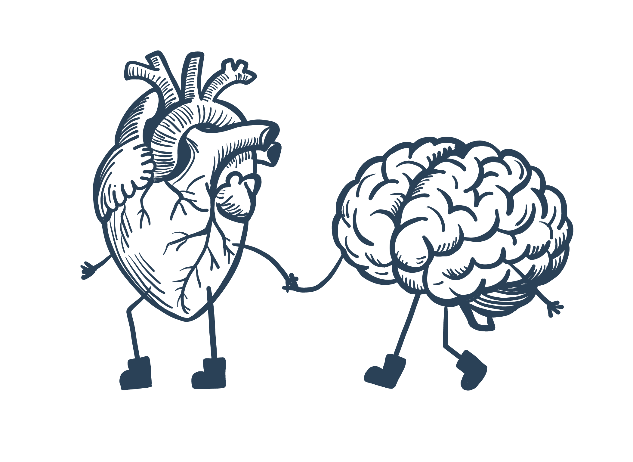 A drawing of a human heart and a brain holding hands, wearing shoes, and standing on a black background.