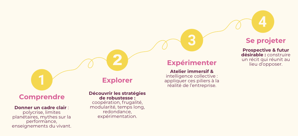 Diagramme montrant quatre étapes pour un processus : 1. Comprendre, avec des concepts comme perspective claire, limites planétaires, mythes sur la performance. 2. Explorer, découvrant des stratégies de robustesse telles que coopération, frugalité, modularité. 3. Expérimenter, par un atelier immersif et intelligence collective. 4. Se projeter, avec une optique prospective et souhaitable pour construire une narration qui rassemble au lieu de diviser.