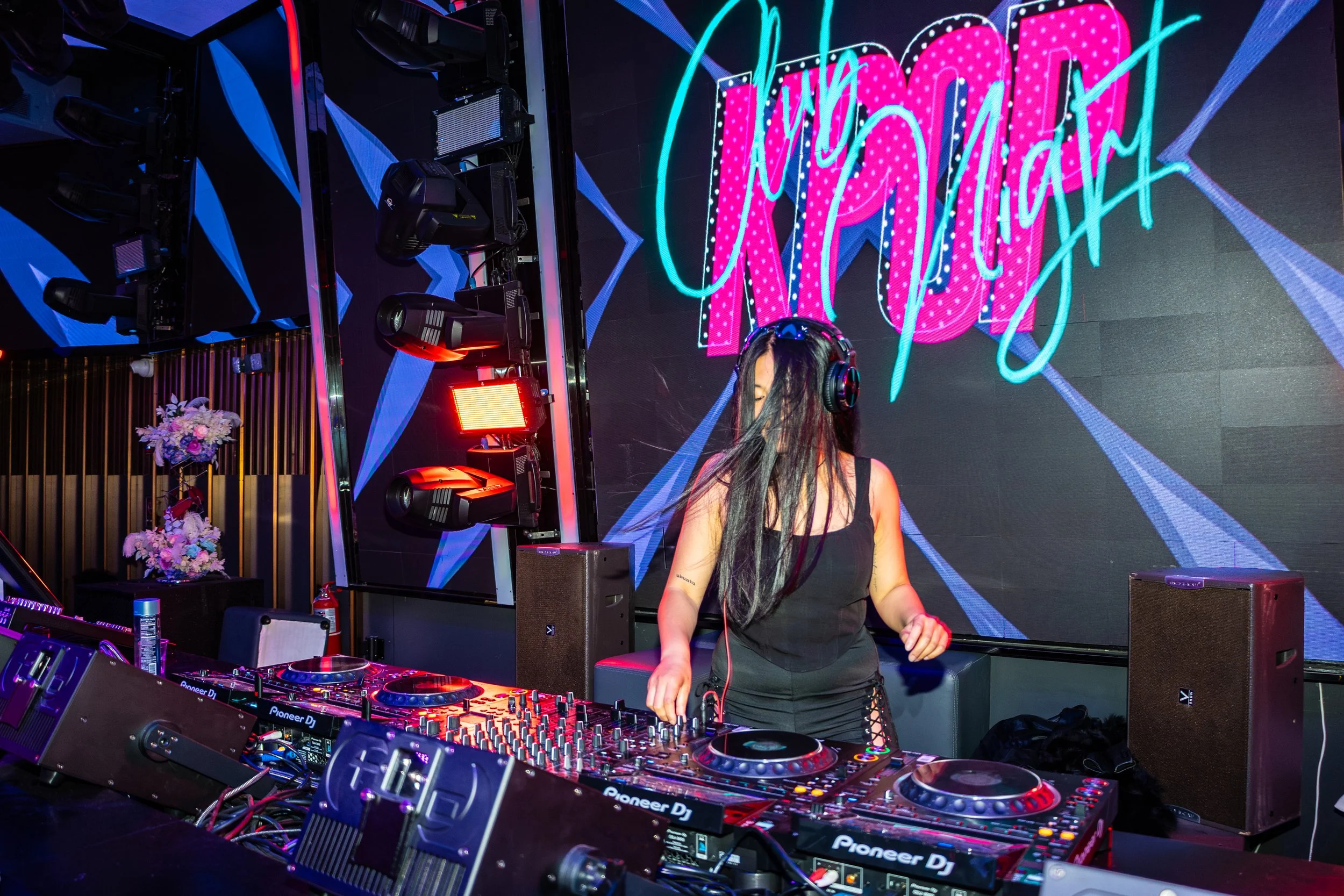 Hypegirl Hype Girl Madi playing DJ set in New York in 2026 at 230 5th Rooftop Bar Racket NYC for the Kpop Club Night Anpanmania Show 2026. Shot by Sydney Wright / SYDNETH