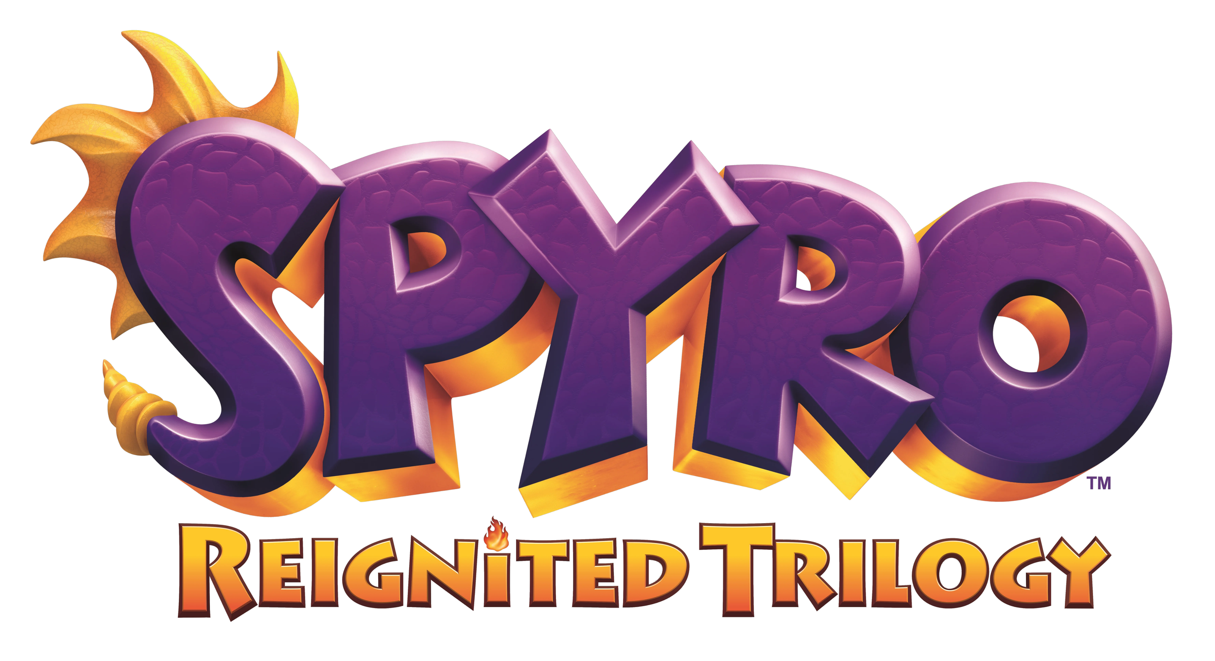 Colorful 3D text of the title 'Spyro Reignited Trilogy' with stylized purple and orange letters, featuring a small flame on the letter 'I' and a winged fin on the letter 'S'.