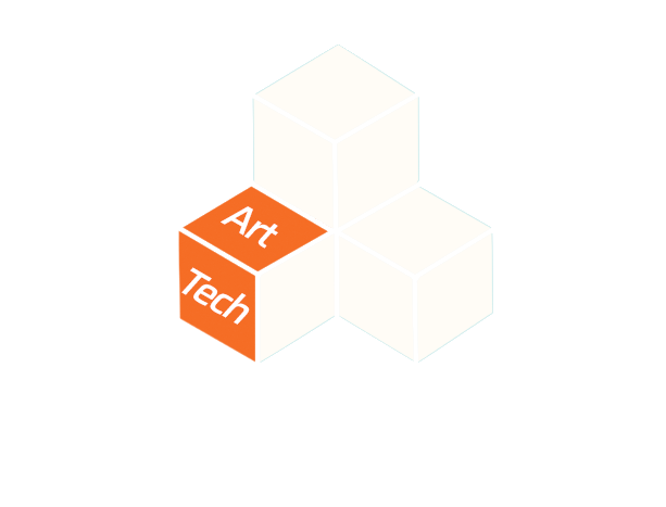 Logo with three white cubes forming a triangular shape, two orange cubes with the words 'Art' and 'Tech' on the sides.