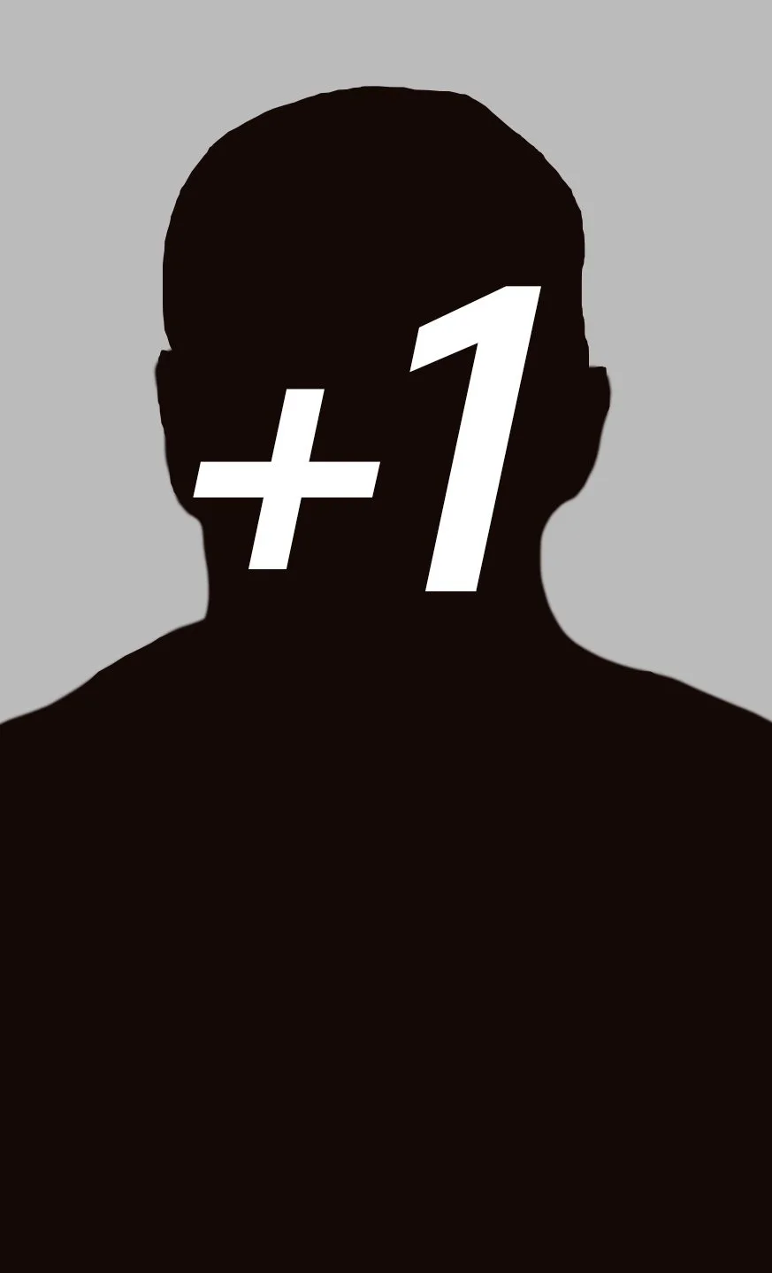 Silhouette of a person with a plus one symbol and number 1 over the face.