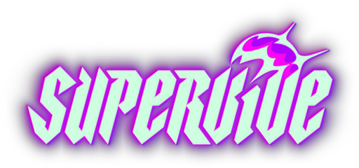 Stylized text spelling 'Supervive' with a purple lightning bolt and dragon head design above the text.