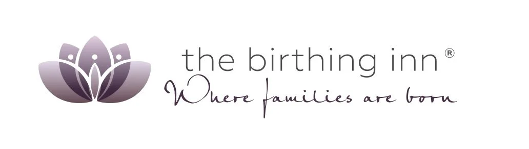 Logo for The Birthing Inn featuring a stylized purple lotus flower and text that reads 'the birthing inn: Where families are born'.