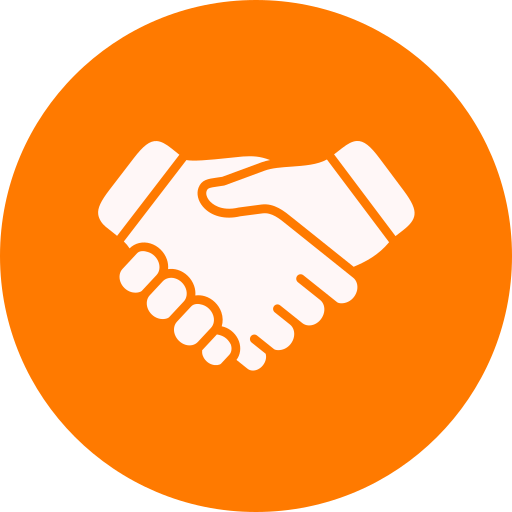 Illustration of two hands shaking, symbolizing agreement or partnership, on an orange circular background.