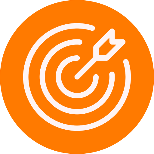 An icon of a bullseye target with an arrow hitting the center, on an orange circular background.